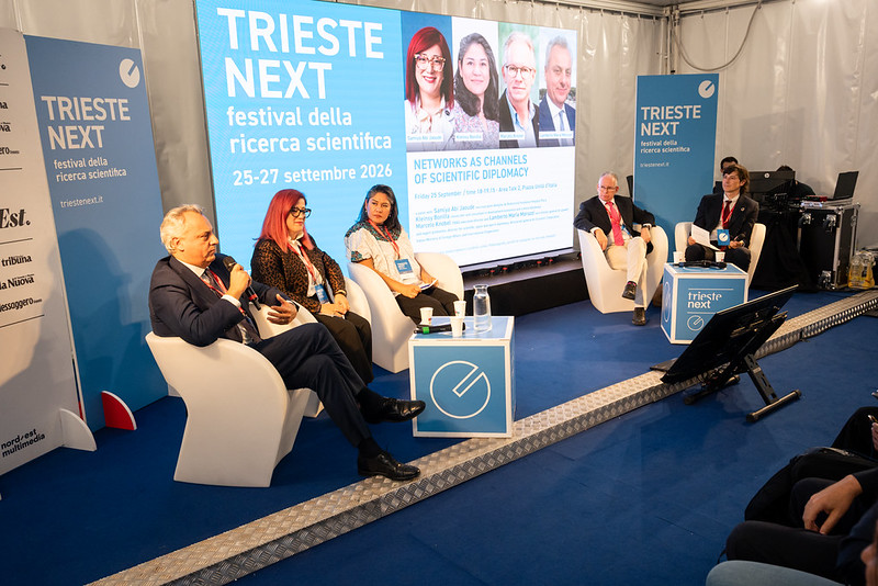 From left: Lamberto Maria Moruzzi, vice director general for growth and export promotion, director for scientific, space and sports diplomacy, directorate-general for Economic Cooperation, Italian Ministry of Foreign Affairs and International Cooperation; Samiya Abi Jaoude, neurosurgeon at the Adolphe de Rothschild Foundation Hospital, Paris; and Kleinsy Bonilla, researcher and consultant in development economics and science diplomacy, visiting scholar at the Economic Development Observatory, University of the Valley of Guatemala, Guatemala; Marcelo Knobel, TWAS executive director; and Giovanni Ortolani, TWAS public information officer. (Photo: H. Gergolet/TWAS)