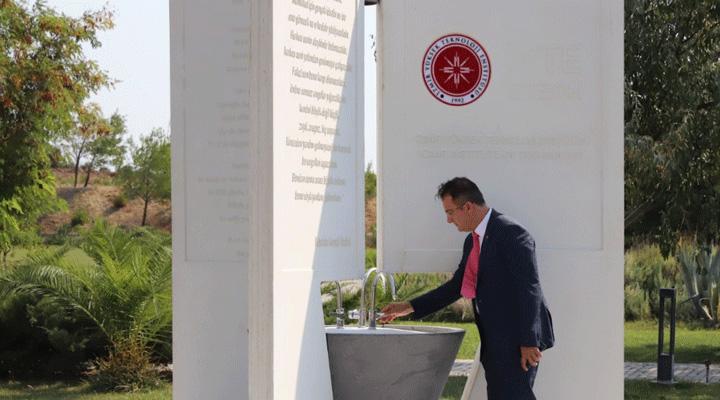 Yusuf Baran testing one of the fountains he had installed on Izmir Institute of Technology campus, in Türkiye. (Photo: Yusuf Baran)